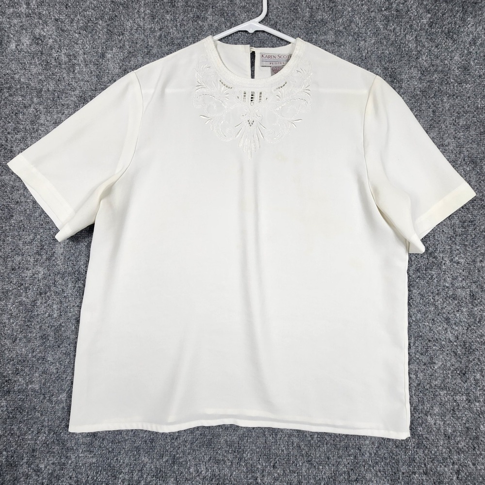 Karen Scott Petites White Embroidered Neckline Short Sleeve Blouse Size 8P